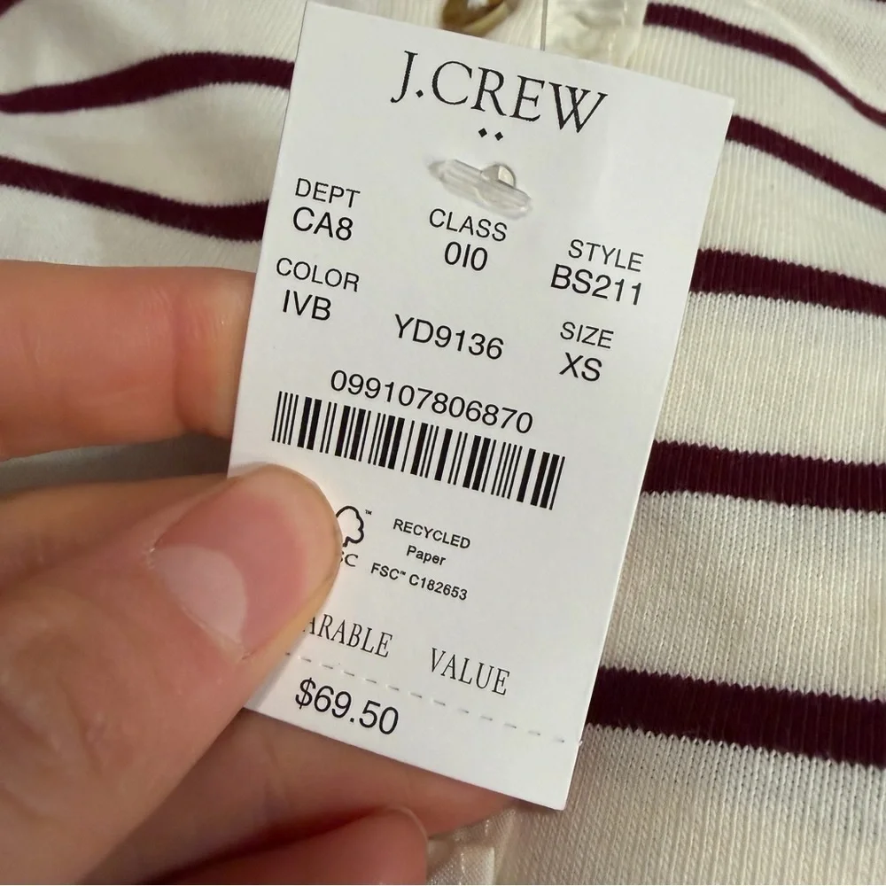 J crew ivory vintage burgundy Striped ruffle-collar henley